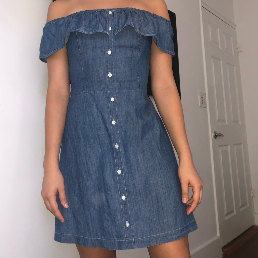 Hollister blue off the shoulder button down dress